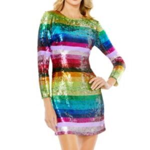 Mac Duggal Women's Size 6 Rainbow Sequin Cocktail Dress Long Sleeve